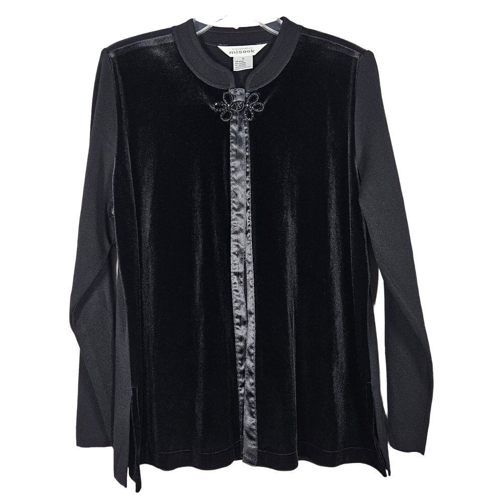 Misook Cardigan Womens sz L‎ Black Velvet Trim Flower Hook Open Front Whimsigoth